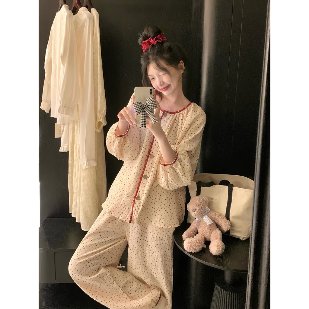 Doce pequena rosa puro algodão gaze pijamas feminino primavera outono estilo 2026 novo estilo renda de manga comprida so