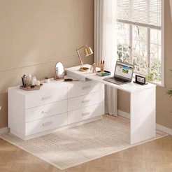 Escrivaninha Mesa Escritório em L com Cômoda Leonie 6 Gavetas 138 cm Yescasa Branco Branco