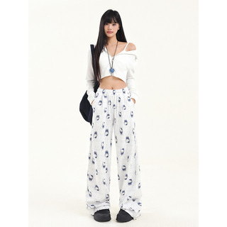 Vfvk Lusi Mesmo Estilo Gato Impressão Branco Calças Casuais Mulheres Outono 2026 Novo Estilo Preguiçoso Drape Calças Ret
