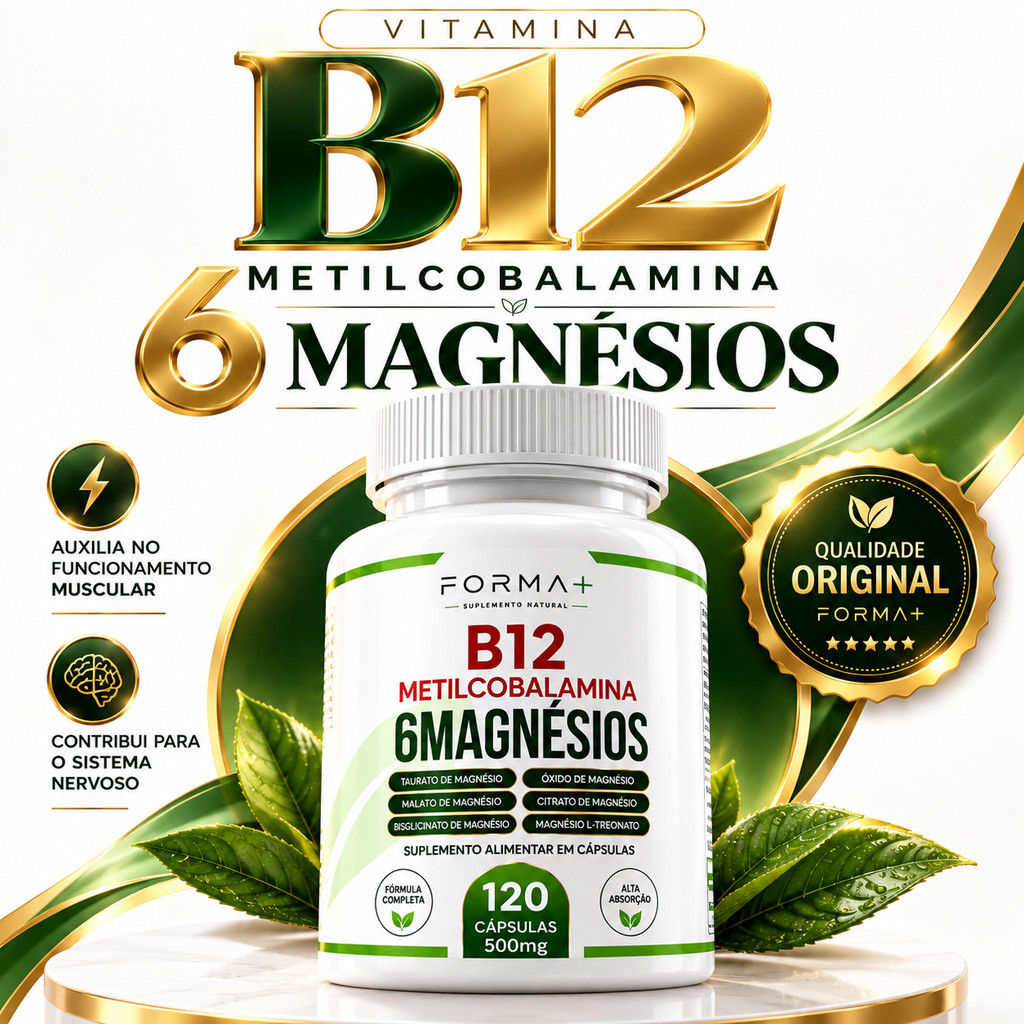 6 Magnésios + B12 Metilcobalamina 120 Cápsulas 500mg | Fórmula com 6 Tipos de Magnésio