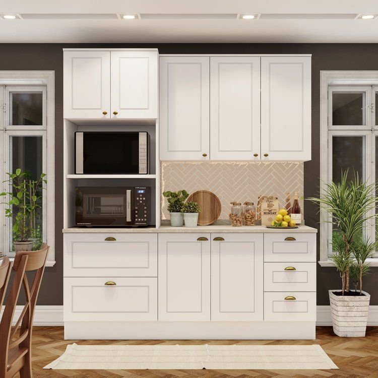 Cozinha Compacta Modulada 3 Peças com Torre Quente Emily Espresso Móveis Branco/HP/Calcare Branco HP/Calcare