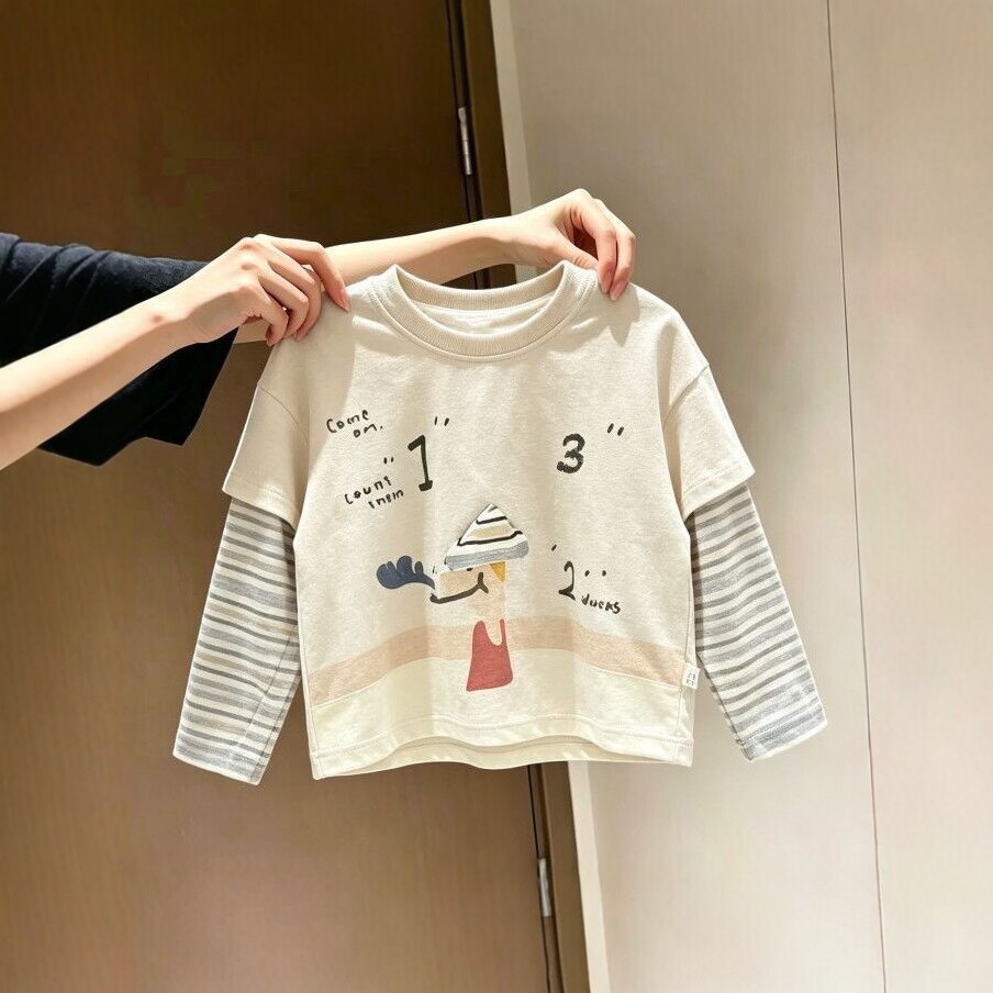 Coreano coreano roupas infantis crianças dos desenhos animados impressão única falso de duas peças camiseta bonito moda 