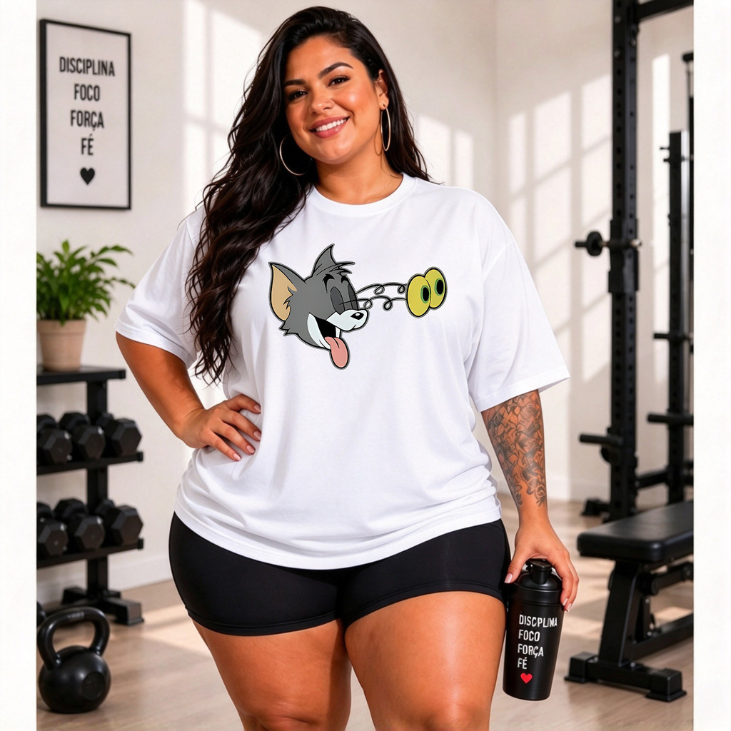 [Camiseta Premium em Algodão Puro] MOMO Desenho Tom e Jerry Personagem Tom Divertido Feminina Manga Curta Estampa P-G3