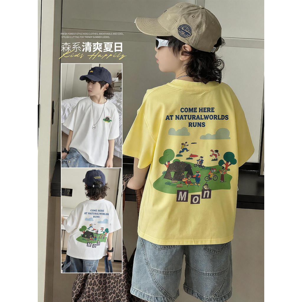 Crianças verão de manga curta versão coreana dos desenhos animados impresso camiseta 2026 novo estilo meninos vestido de
