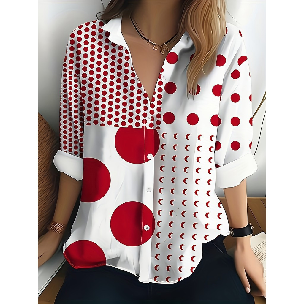 Camisas florais elegantes com estampa de bolinhas para as quatro estações, para mulheres, blusas casuais de manga compri
