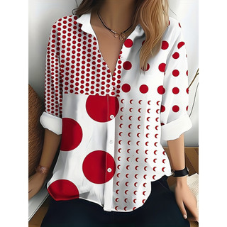 Camisas florais elegantes com estampa de bolinhas para as quatro estações, para mulheres, blusas casuais de manga compri