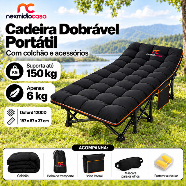 Espreguiçadeira Cama Dobrável Reclinável Com Colchão Suporta 150 kg ,187cm Para Piscina Camping Praia