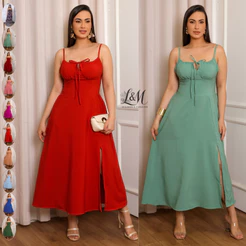 Vestido Feminino Mídi Liso Romântico com Bojo, Fenda e Alças Ajustáveis Verão