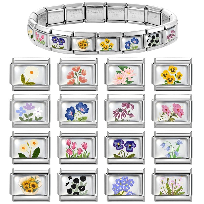 Verão Primavera Flor Colorida Tulipa Rosa Sakura Margarida Italiano Charme Links Caber 9mm Pulseira De Aço Inoxidável Fe — imagem 2 de 2