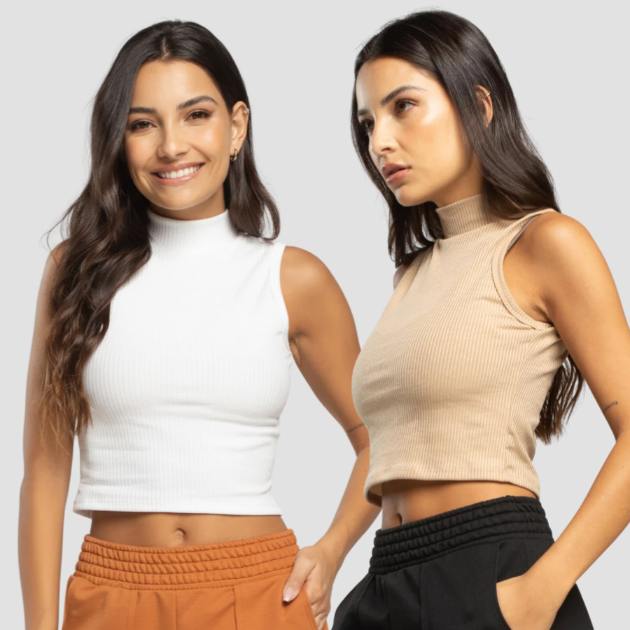 Kit 2 Blusinha Cropped Golinha Alta Feminina Canelado Blogueirinha Elegante Moda Gringa Regata