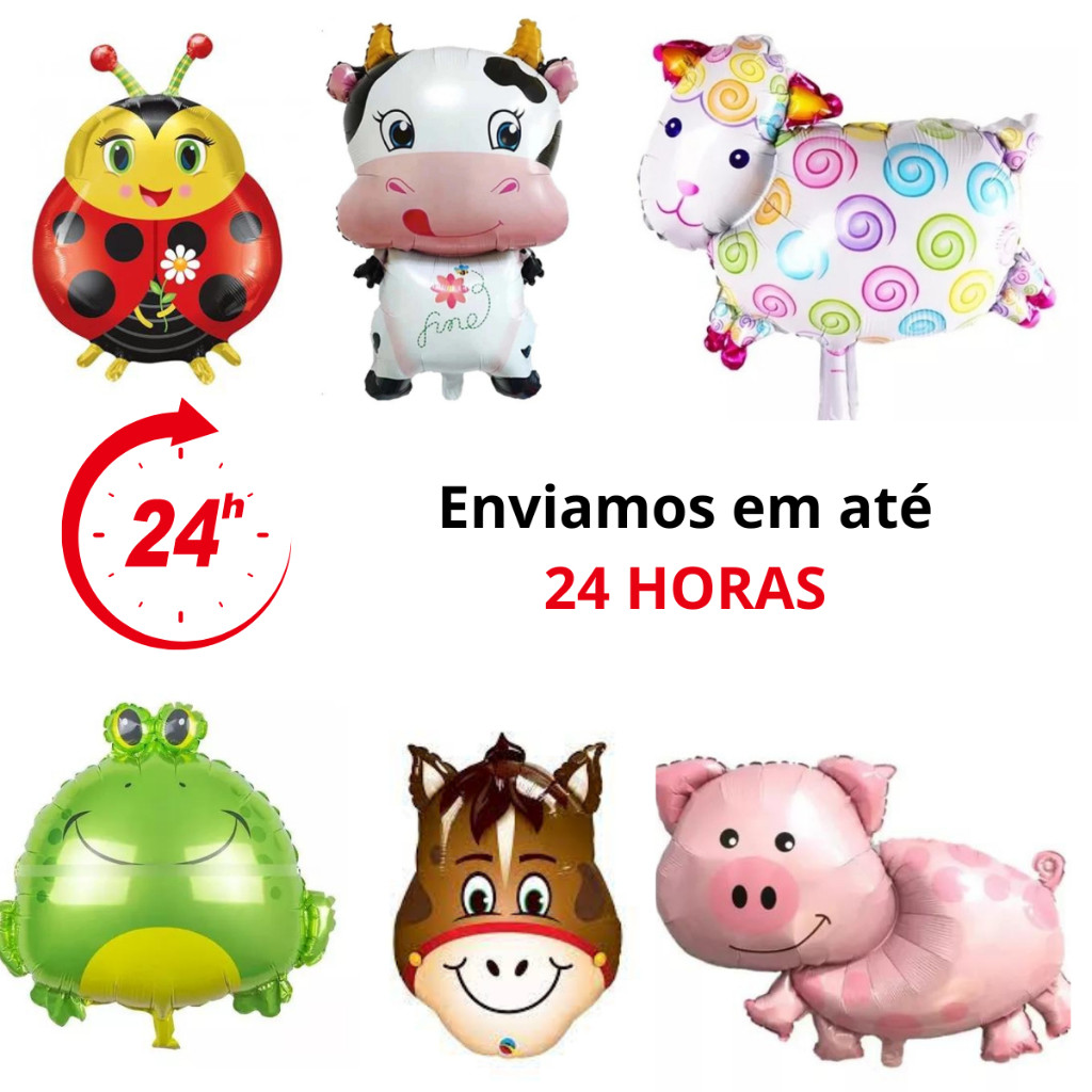 Kit c/6 Balão Bexiga Metalizado Safari Fazendinha porquinho vaquinha sapo cavalinho ovelha joaninha