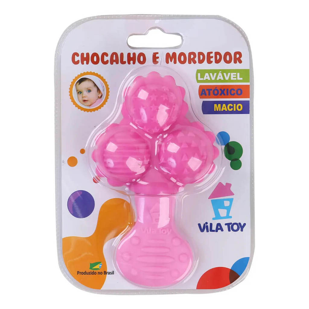 Chocalho Bebê Vila Toy Com 3 Bolas Com Mordedor Rosa em Oferta na Shopee