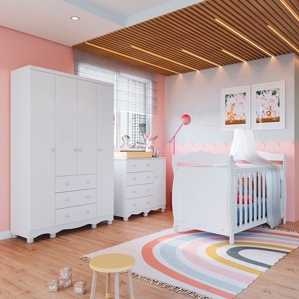 Quarto de Bebê com Guarda Roupa 4 Portas Cômoda 1 Porta 4 Gavetas e Berço Nina 100% Mdf Espresso Móv Branco/Brilho