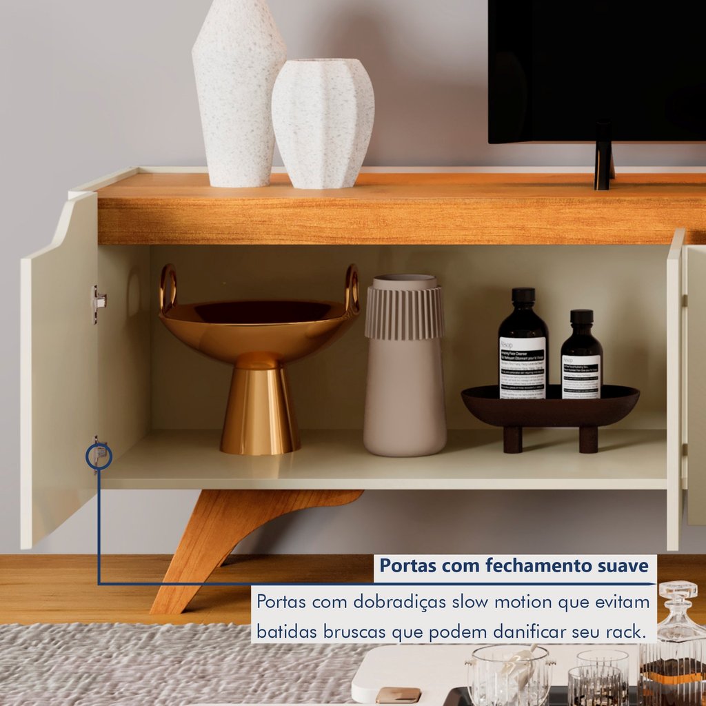Detalhes do Rack para TV até 75 Polegadas 100% MDF  4 Portas 220cm Pés em Madeira Maciça Grécia 220