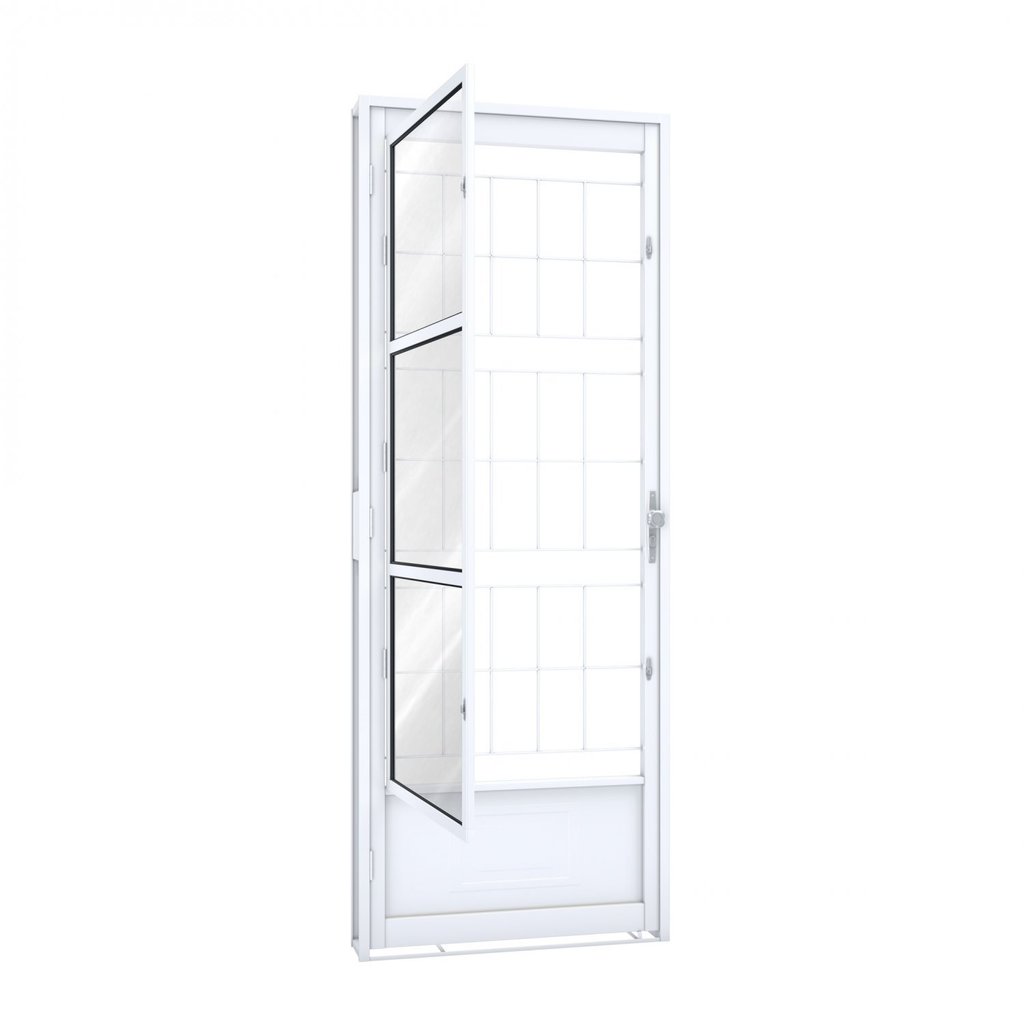 Porta de Aço Postigo 215x85cm com Grade Quadrada e Vidro Liso Riobras Abertura Esquerda Esquerda