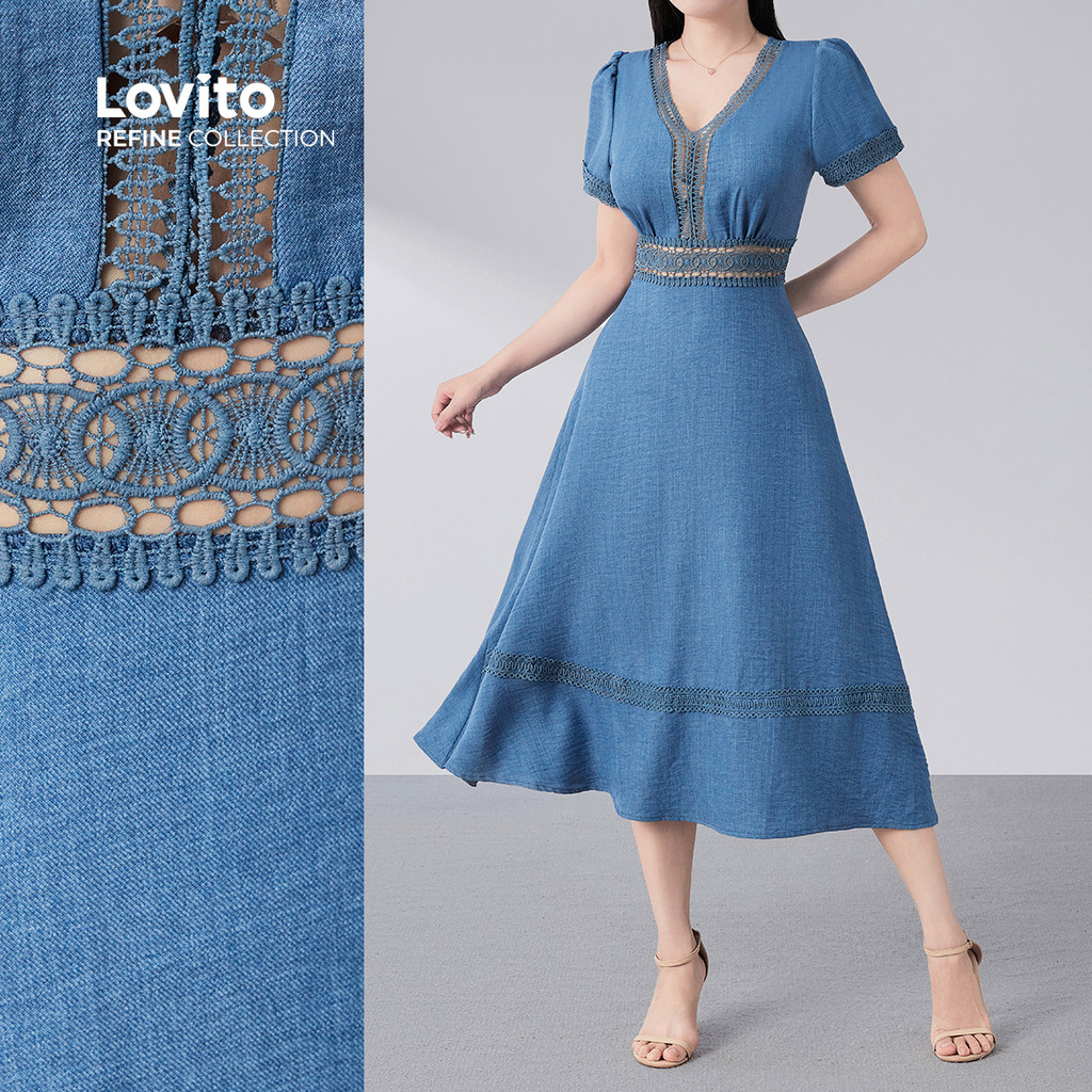 (Lovito Refine) Vestido Elegante com Jacquard Primavera/verão Azul para Mulheres LR21E027 em Oferta na Shopee