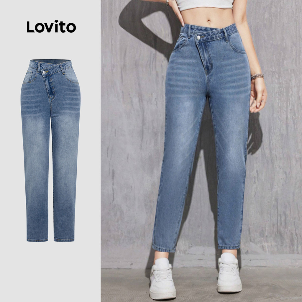 Lovito Calça Jeans Casual Azul Com Bolso Assimétrico E Botões Primavera/verão Para Mulheres L155AD272 em Oferta na Shopee