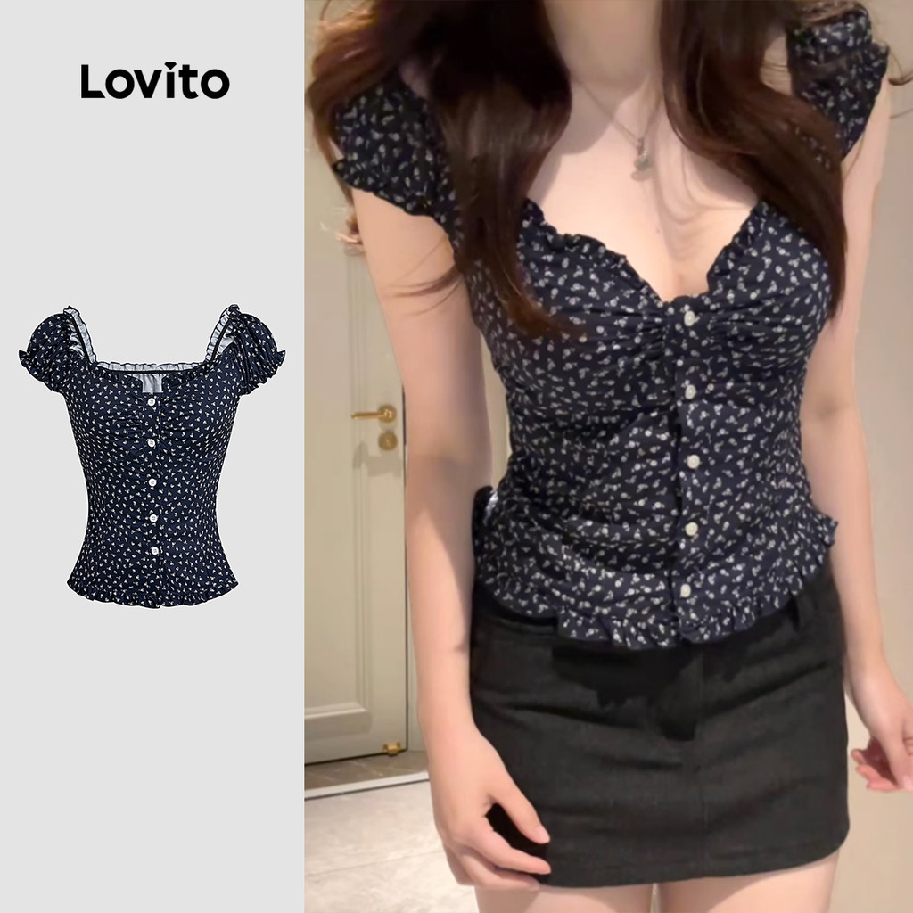 Lovito Blusa Casual com Botões Detalhe de Alface Primavera/verão Blusa Azul Escura para Mulheres L139AD256 em Oferta na Shopee