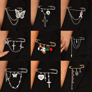 Broche de corrente para homens e mulheres, broche de borboleta, coração e cruz, broche de botão de terno punk hip-hop