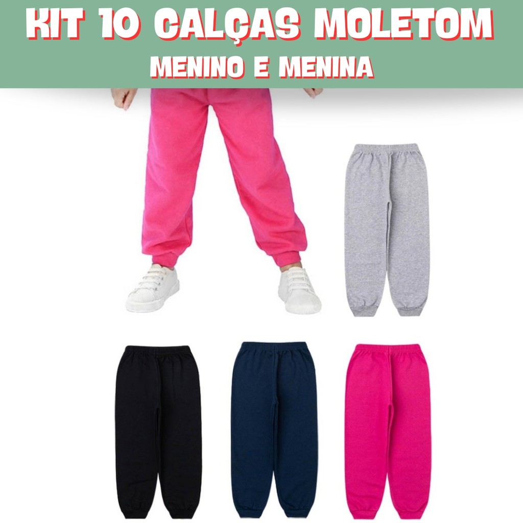 Kit 10 Calças de Moletom Infantil 100% Algodão Escola Passeio Inverno Frio Menino e Menina Unissex em Oferta na Shopee