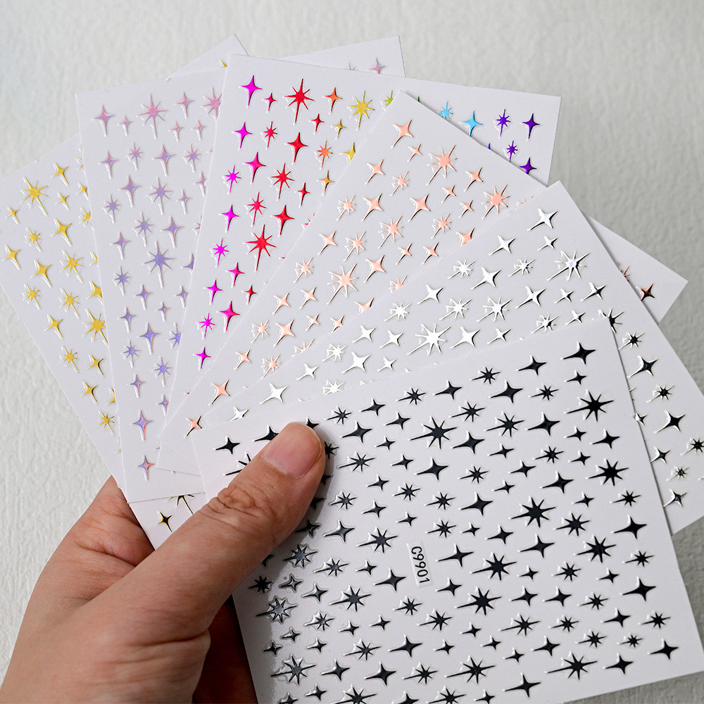 Influenciador de venda quente estilo ins adesivos de unhas simples estrela de prata Laser estrela de quatro pontas 3d Ma