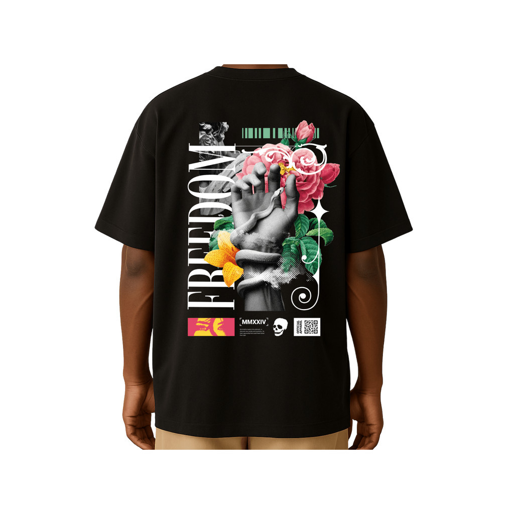 Camiseta Oversized estampada Preto Academia Confortável Algodão Modelo: "Freedom Mão Cobra e Flores"