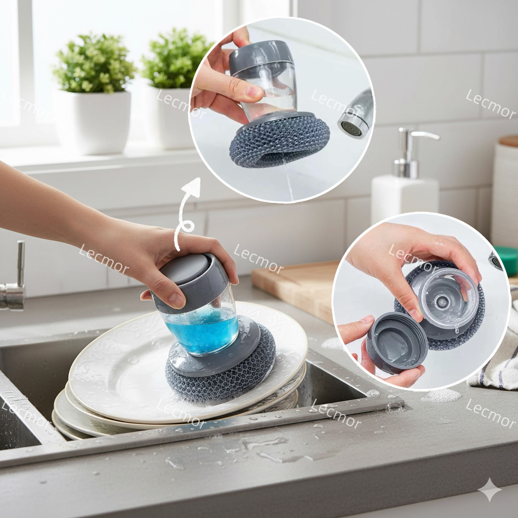 Imagem Escova de Limpeza de Cozinha 2 em 1 com Dispenser de Sabão Lava Louça e Panelas Sem Esforço