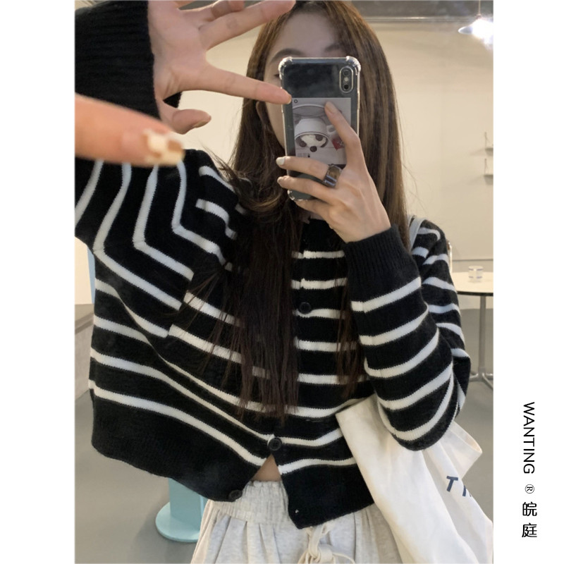 Verde listrado camisola jaqueta feminina de manga comprida outono estilo preguiçoso Cardigan interior topo Retro curto m