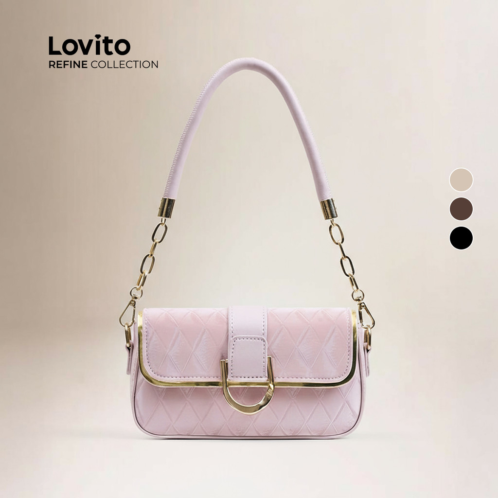 (Bags) Lovito Refine Elegante couro cor axilas S corrente Metal pequena bolsa de ombro para mulher LFAR6076 em Oferta na Shopee