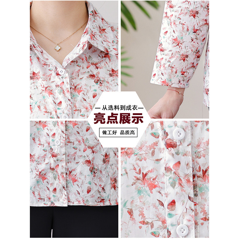 Senhoras de meia-idade Floral camisa de manga comprida feminina algodão puro primavera verão lapela estilo ocidental mãe
