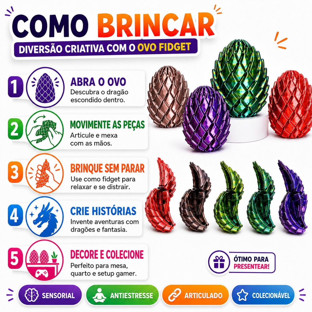 Brinquedo Fidget Ovo Sensorial Dragão Impresso em 3D Articulado Flexível Brinquedos para Presente