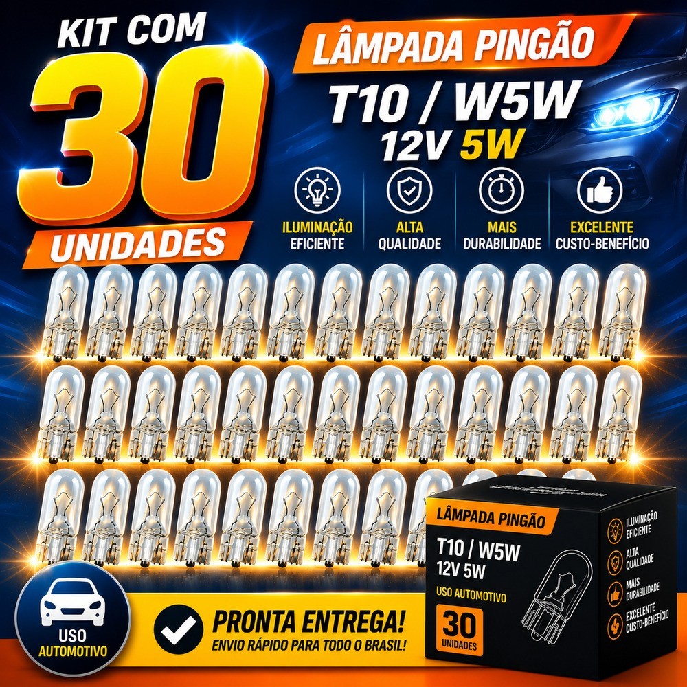 Kit 30 Lâmpadas T10 W5W 12V 5W Pingão Automotiva Meia Luz Universal