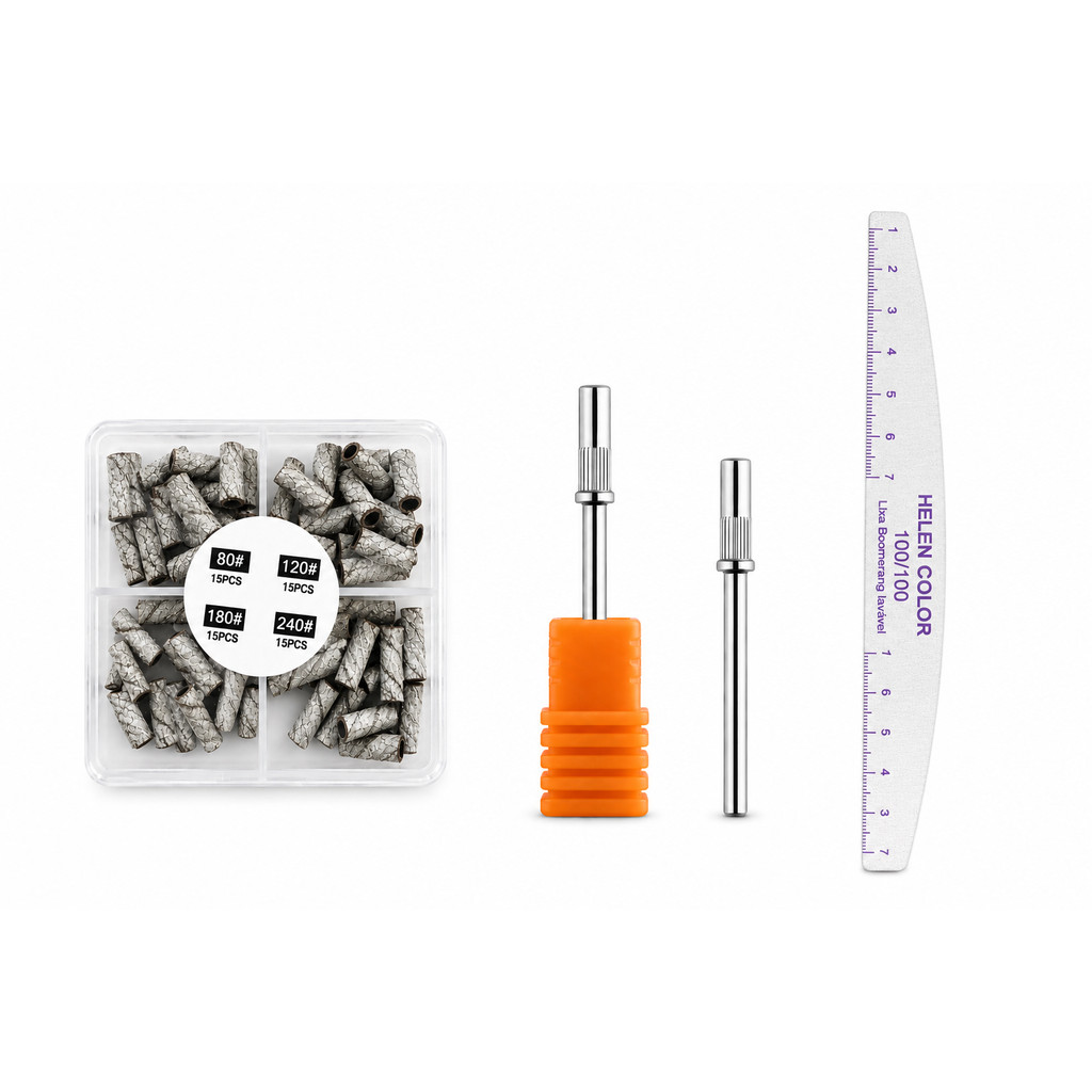 Kit Mini Mandril Lixa Com Broca Mandril e Lixa Acrílica 100/180