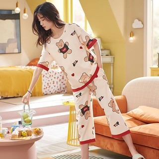 Verão feminino pijamas de seda gelo feminino manga curta calças cortadas verão estilo verão feminino pode usar fora tern