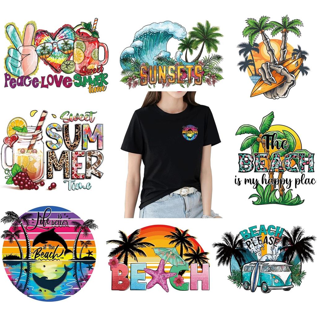 8 Adesivos Termocolantes de Praia para Transferência Térmica em Roupas, Decoração por Prensa Térmica, Patches de Sublima