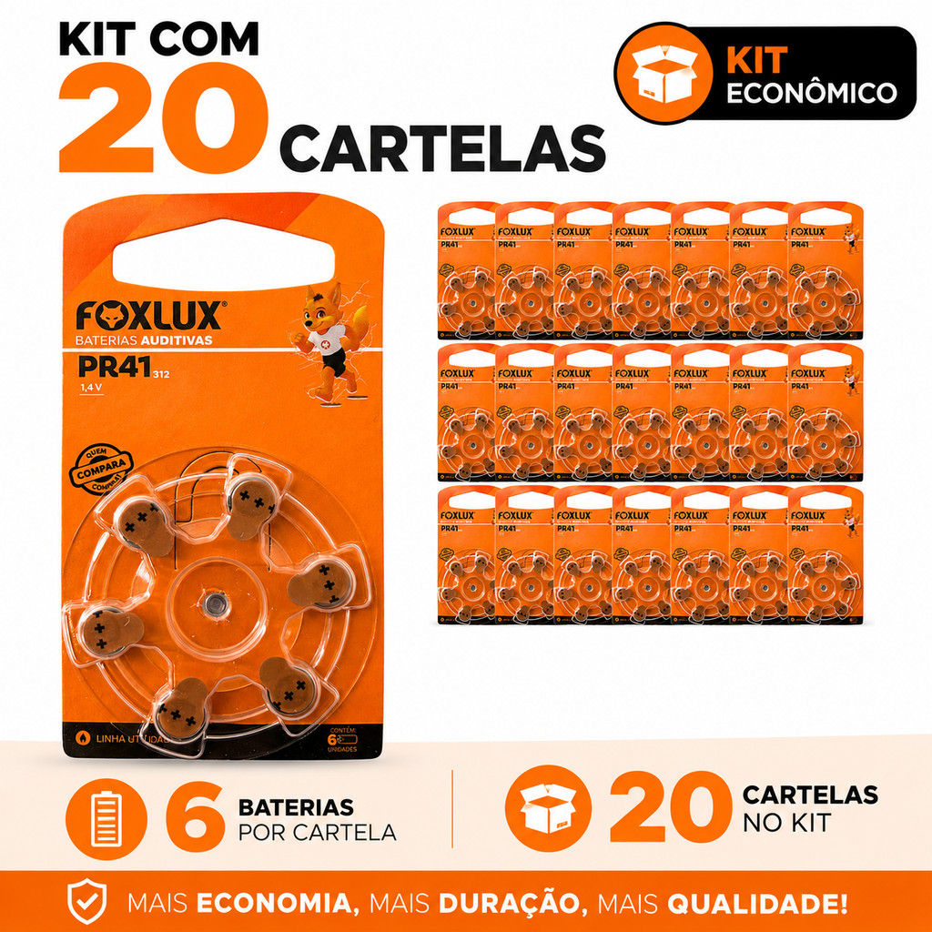 Pilhas Baterias Auditivas Foxlux 312 PR41 Kit com 120