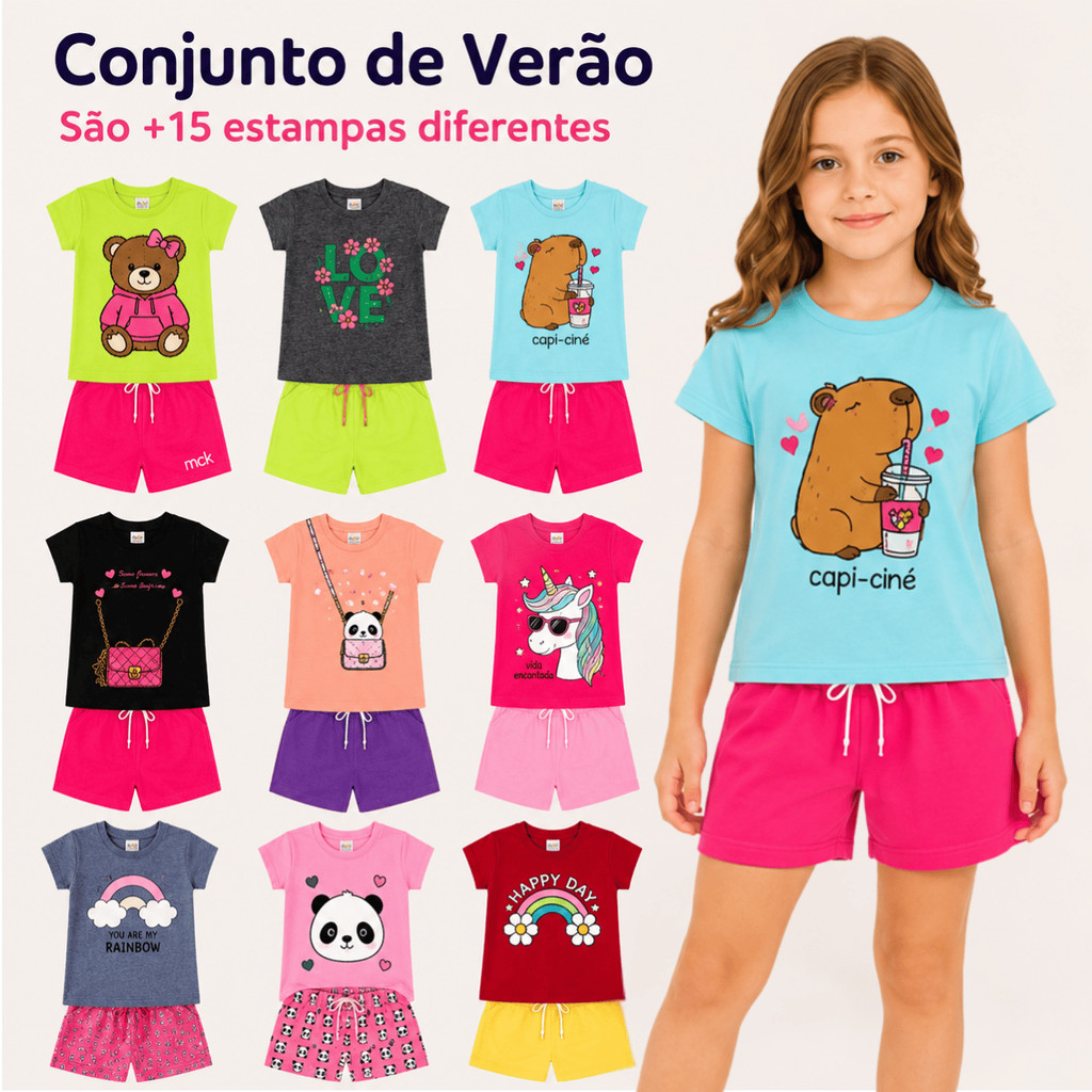 Kit Sortido 5 Conjuntos Feminino/Menina Infantil Juvenil Blusas e Shorts