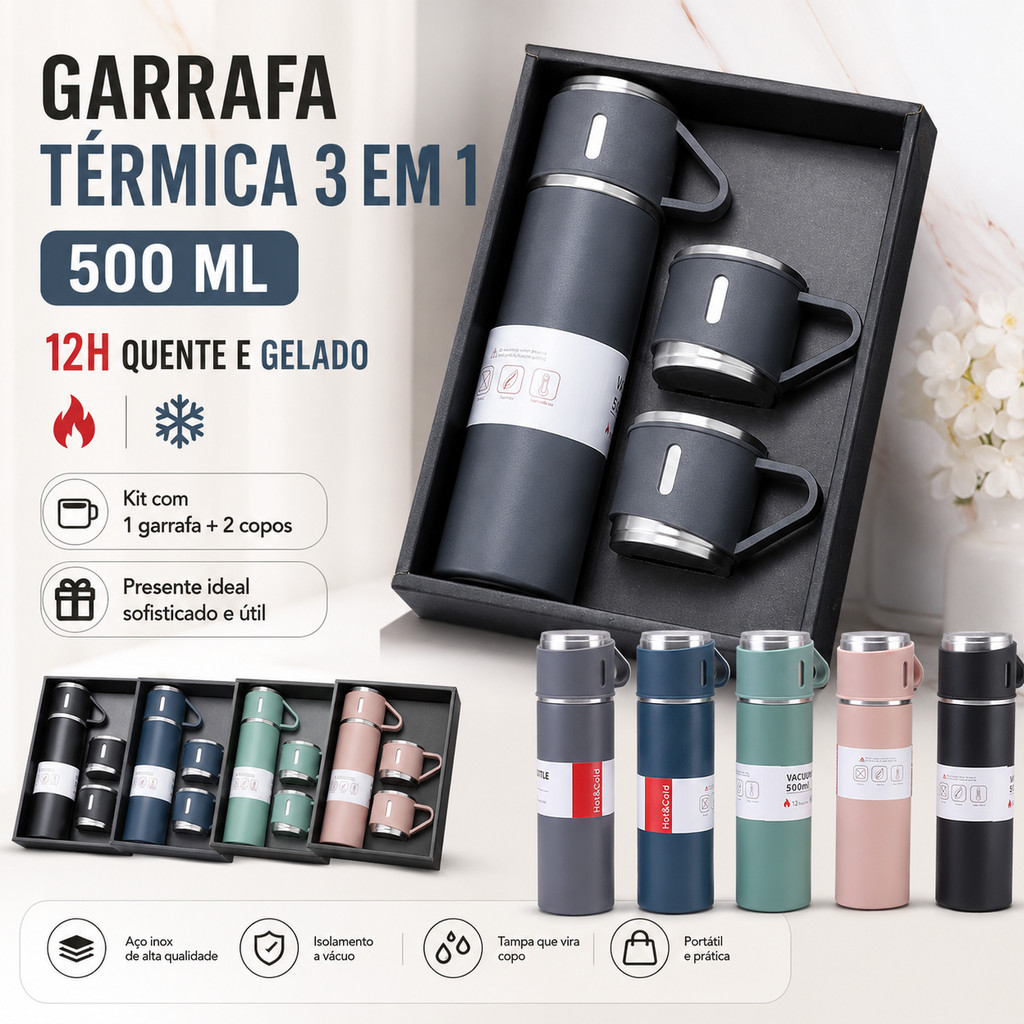LD Kit 500ml Garrafa Térmica Vacuum Bottle Inox + 3 Xícaras Bebidas Fria ou Quente
