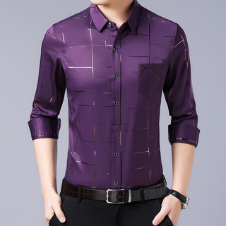 Camisa masculina de manga comprida de seda gelo com bolsos primavera meia-idade novo estilo Polegada roupas sem ferro pa