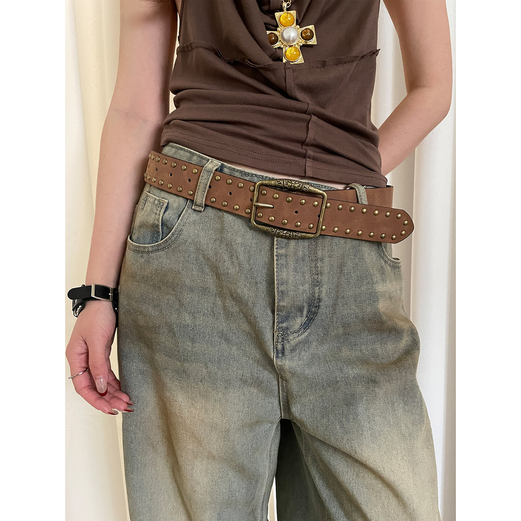 Retro marrom camurça rebite cinto feminino 2026 verão nicho estilo americano com Jeans estilo ocidental cinto