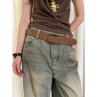 Retro marrom camurça rebite cinto feminino 2026 verão nicho estilo americano com Jeans estilo ocidental cinto