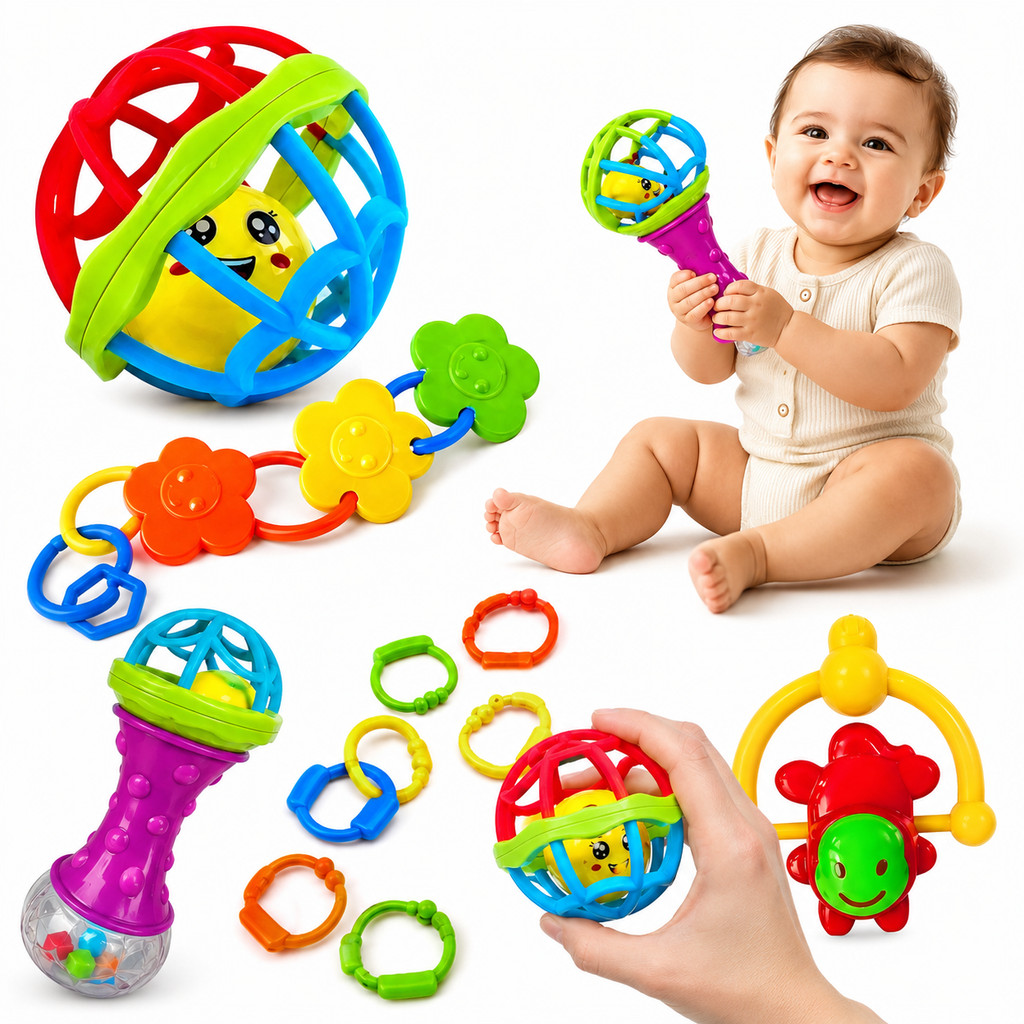 Kit 8 Mordedores Chocalho Bebê Bola Argolas Sensorial Silicone Macio Colorido Brincar Menina Menino