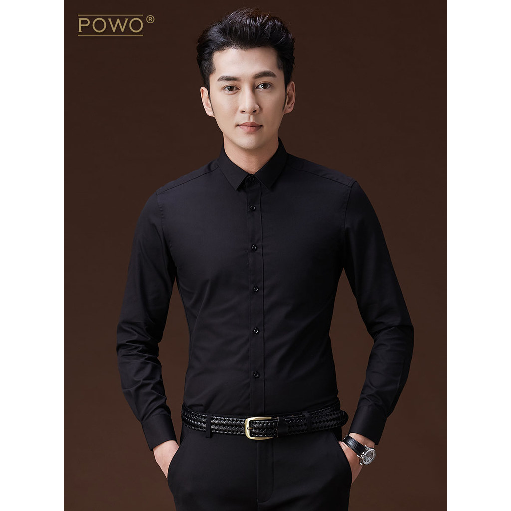 P POWO camisa masculina de manga comprida branca bonito camisa masculina na moda meninos fino ajuste preto versão corean