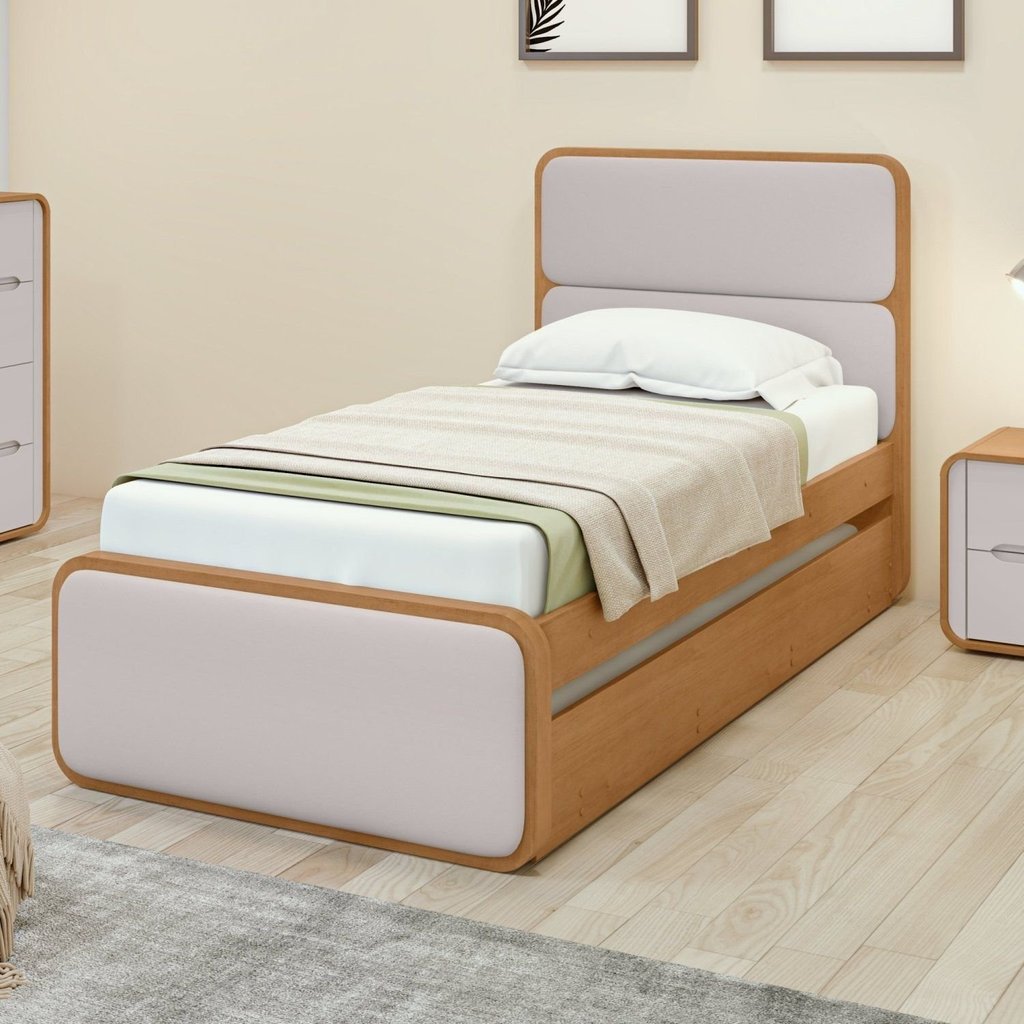 Bicama de Solteiro Corino Loop com Cama Auxiliar Marrom Amêndoa Clean Amêndoa Clean/Off White