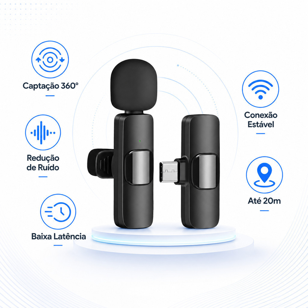 Microfone Lapela Sem Fio Duplo Tipo-C 2.4G Cancelamento Ruído Para Celular Live Vlog