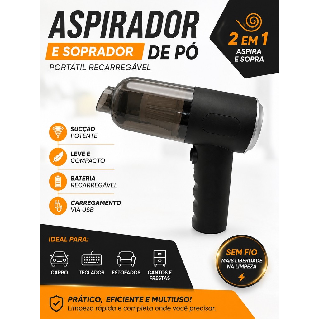 Aspirador de Pó e Soprador Portátil Recarregável Sem Fio Limpeza Automotiva e Casa