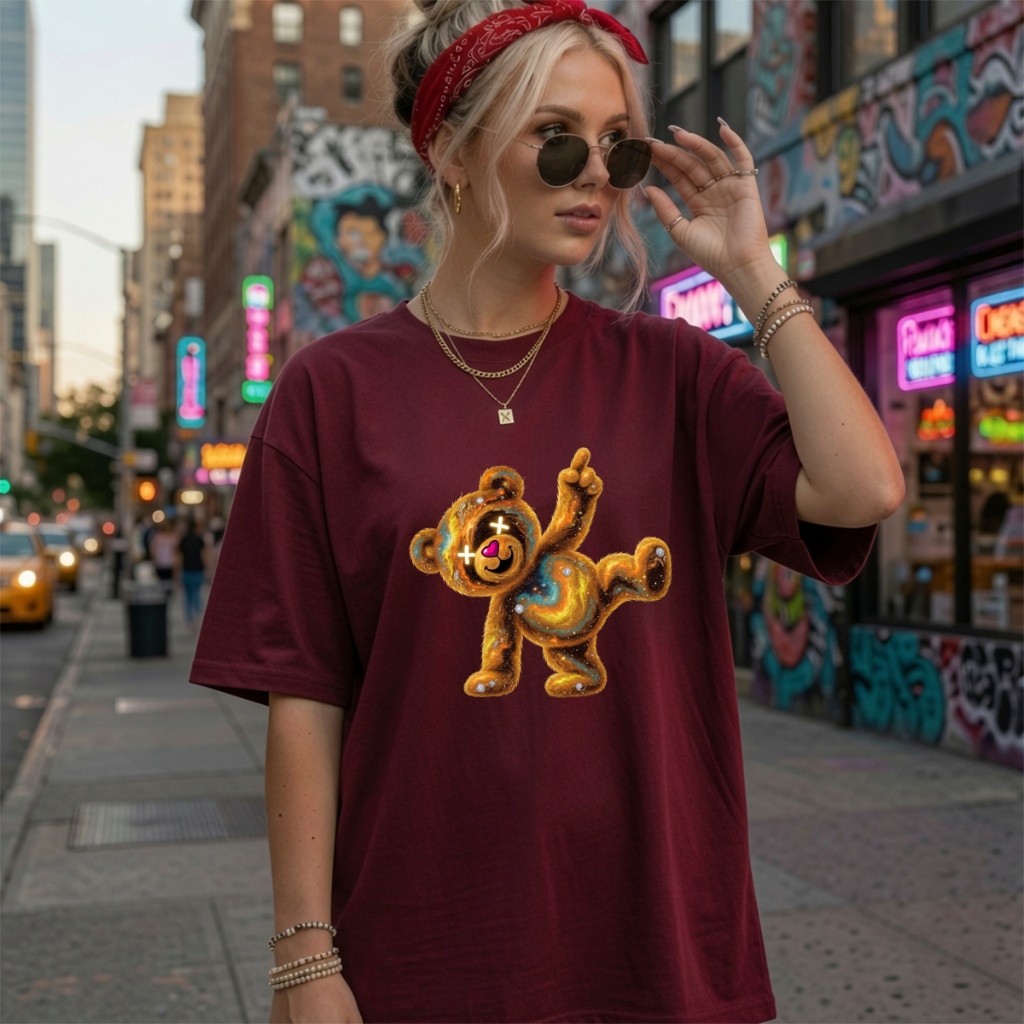 Camiseta Feminina Urso de Ouro Luxo Estampada 100% Algodão Streetwear Casual Confortável