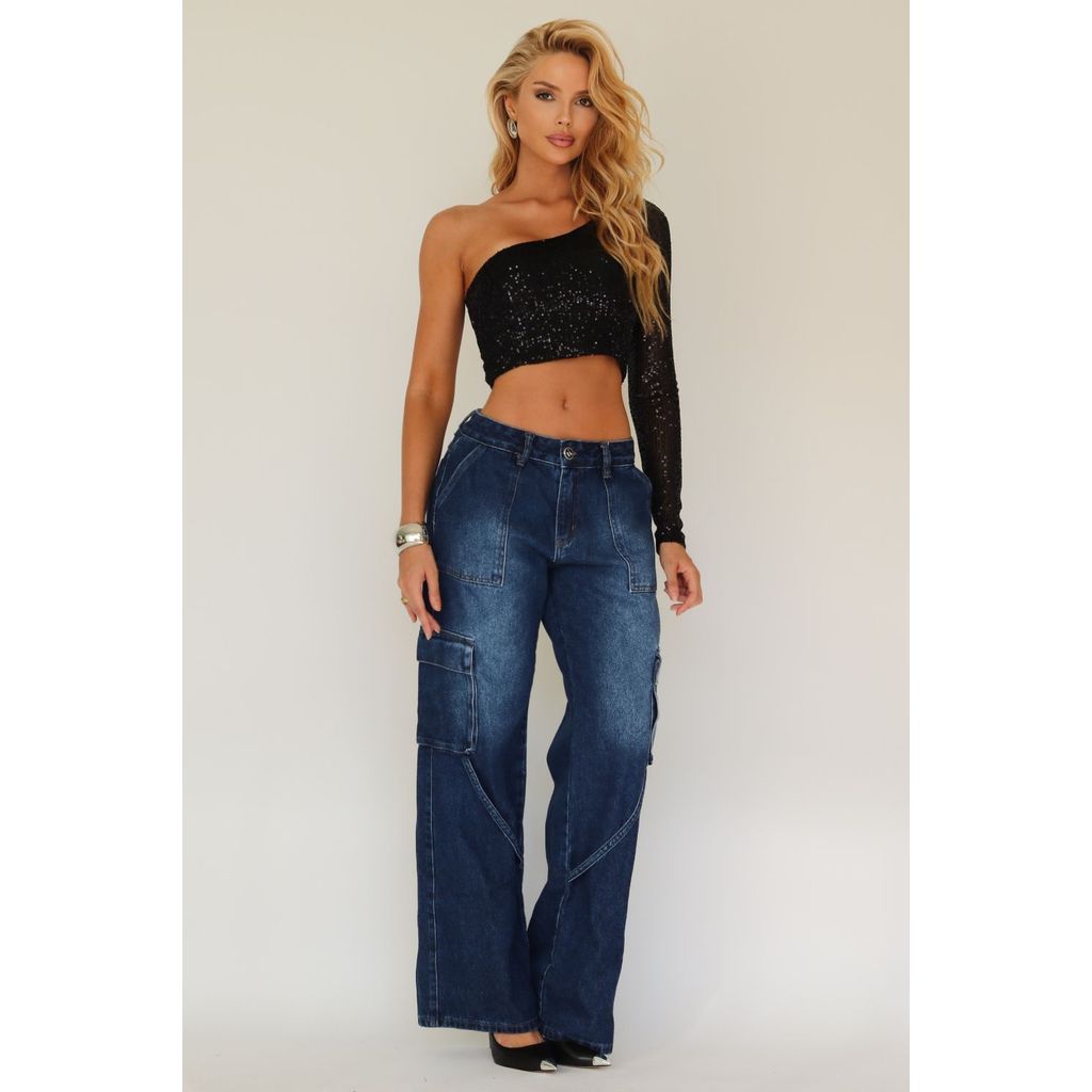 Calça Jeans Feminina Cargo Viviane Planet Girls Azul Médio