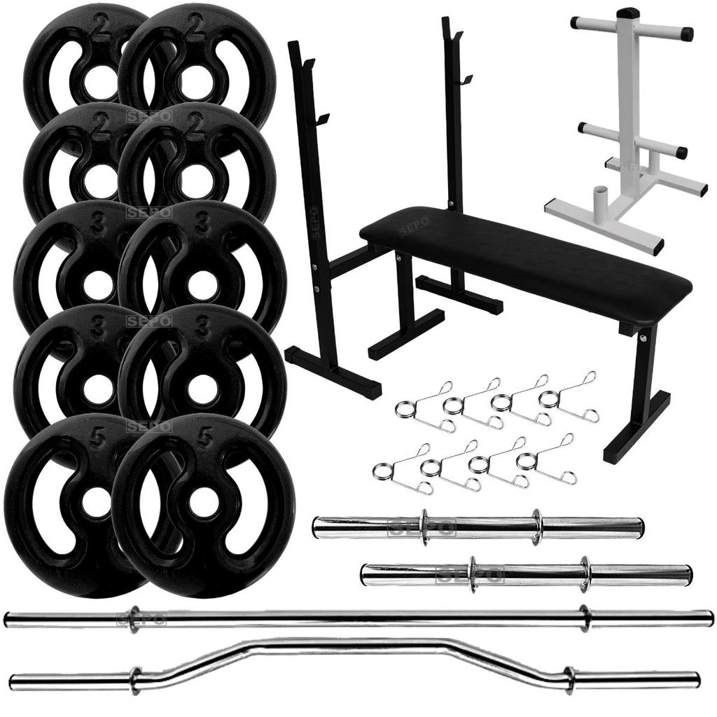 Kit 30Kg Anilhas Emborrachadas Pretas com Barras Ocas + Banco para Supino + Suporte 120Kg