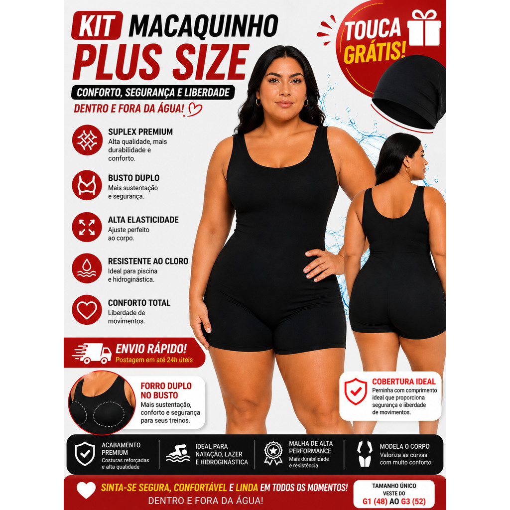 Kit Maiô Macaquinho Plus Size Feminino Natação Hidroginástica + Touca Grátis | Forrado | Suplex Premium